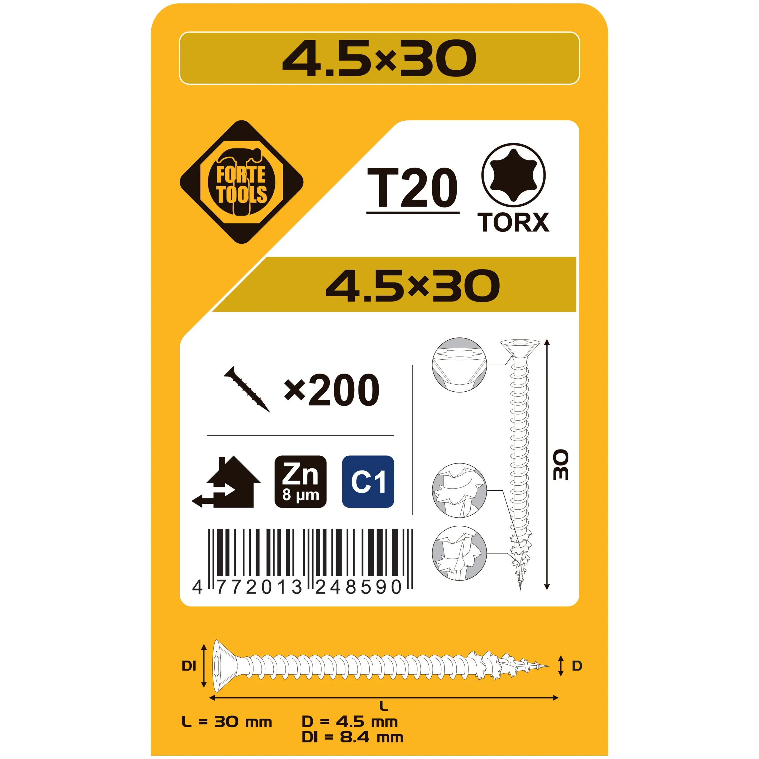 ДЕРЕВЯННЫЕ ВИНТЫ 4.5X30 MM ZN TX20 200 ШТ.