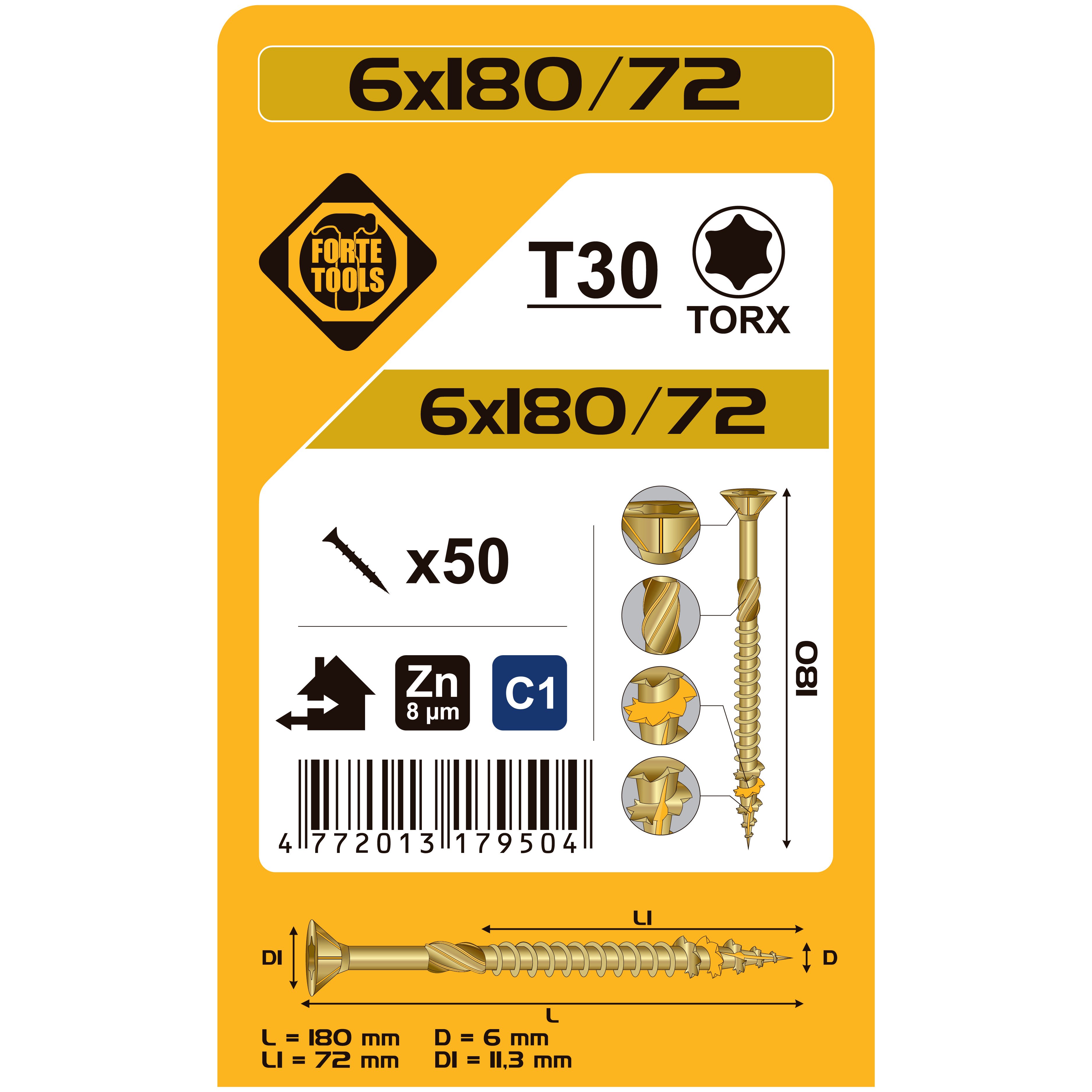 ВИНТ ДЛЯ ДЕРЕВА SCR T30 6.0X180/72 YELLZN50