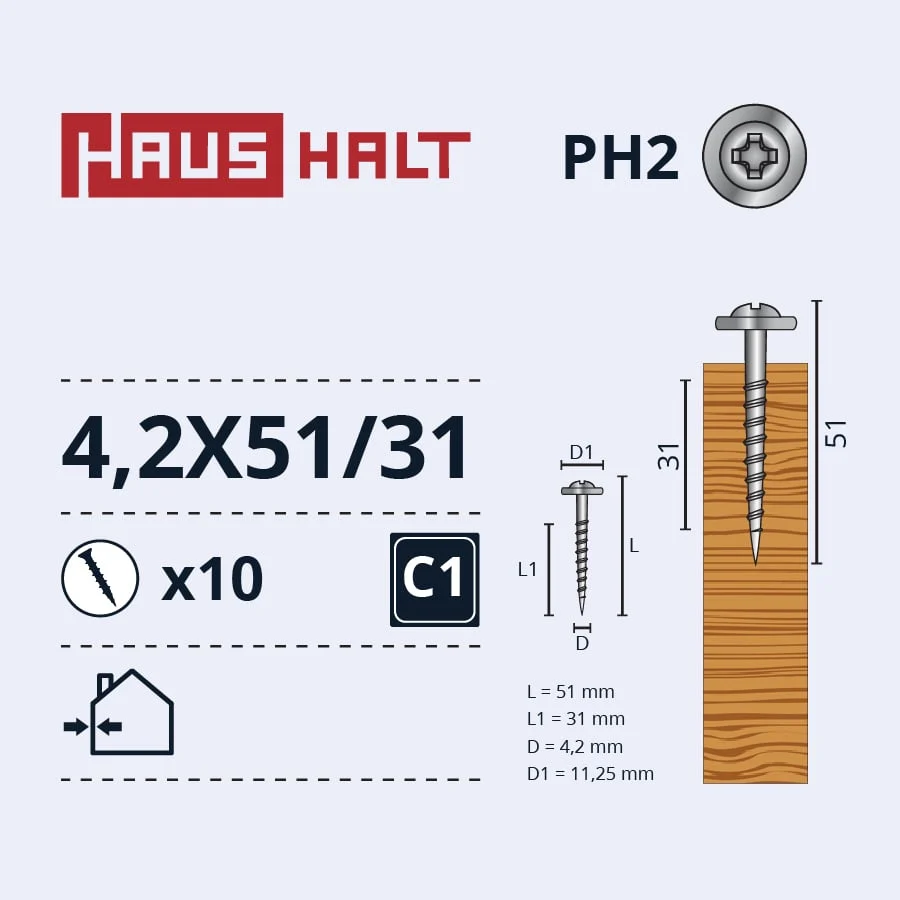 SELF-TAPPING SCREW 4.2X51/31 FOR WOOD ZN 10PCS BL