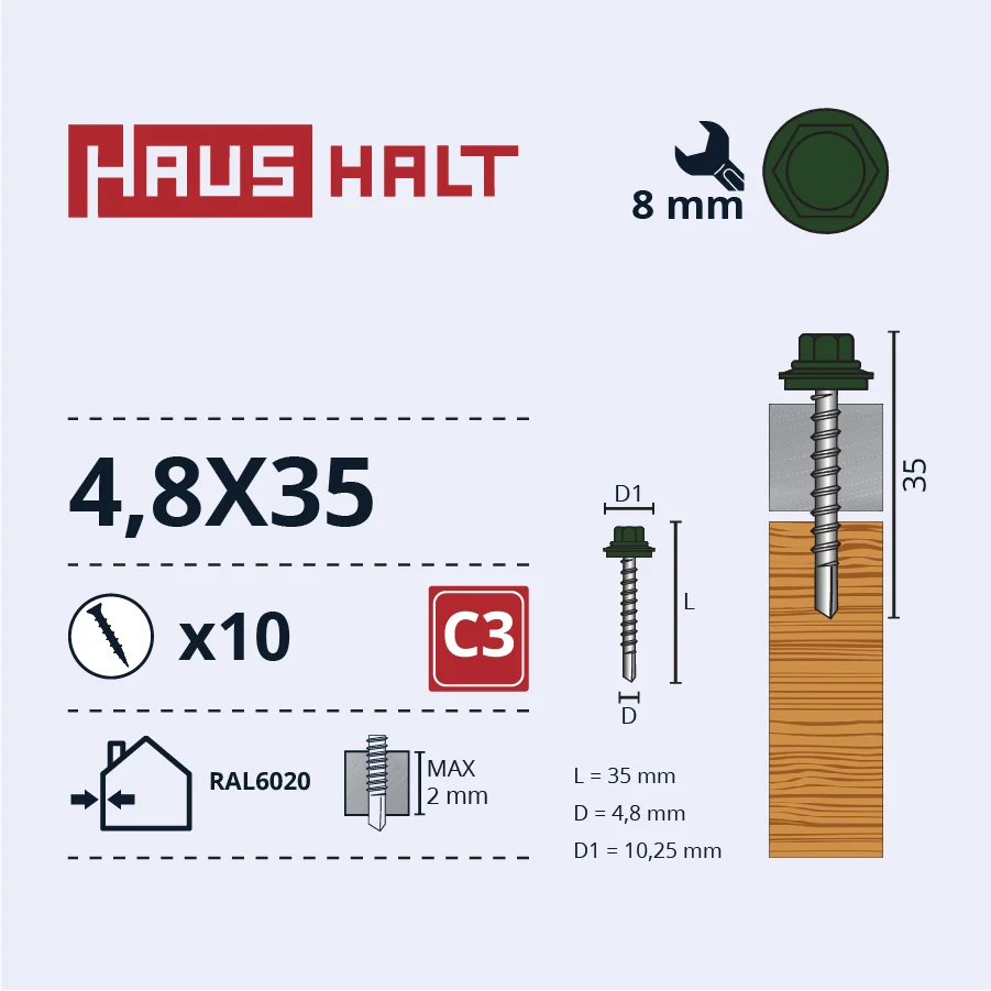 ВИНТ.PAШ4,8X35ДЕРЕВО+EPMD RAL6020 10ШТ БЛ