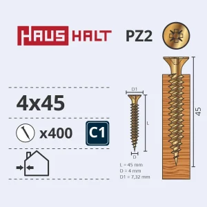 SCREW WOOD 4.0X45 GOLD ZN (400)