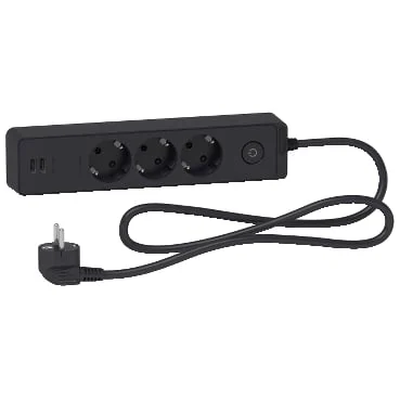 EXTENSION CORD 3-OUTLET 1.5M WITH 2USB BLACK