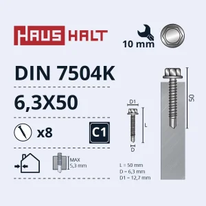 SKRŪVE PAŠGR. 6,3X50 DIN7504K ZN 8GAB BL
