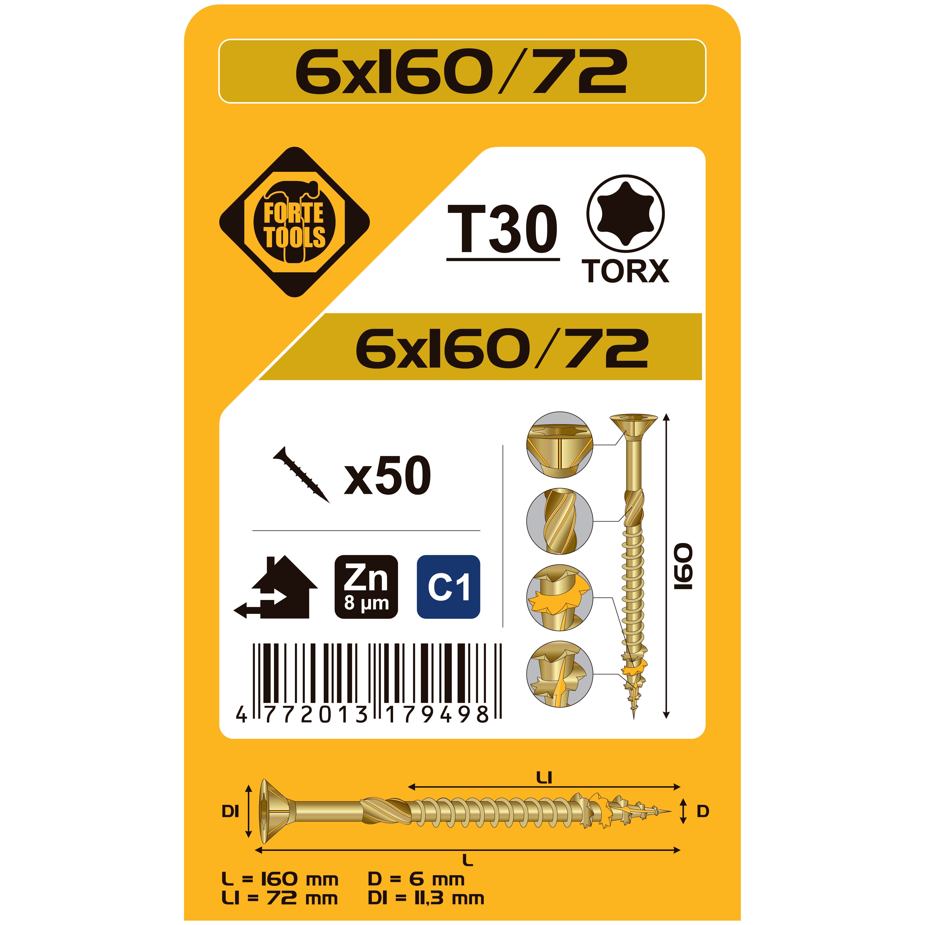 SKRŪVE KOKAM SCR T30 6.0X160/72 YELLZN50