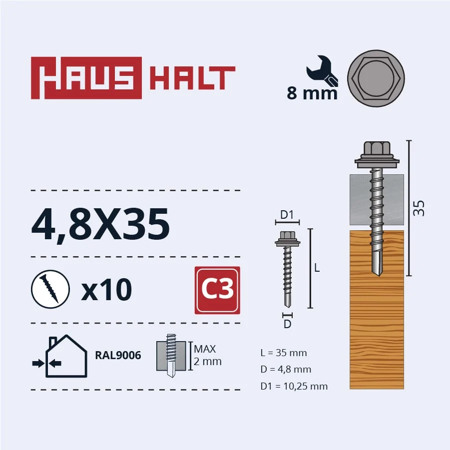 SCREW.SELF 4.8X35WOOD+EPMD RAL9006 10PCS BL