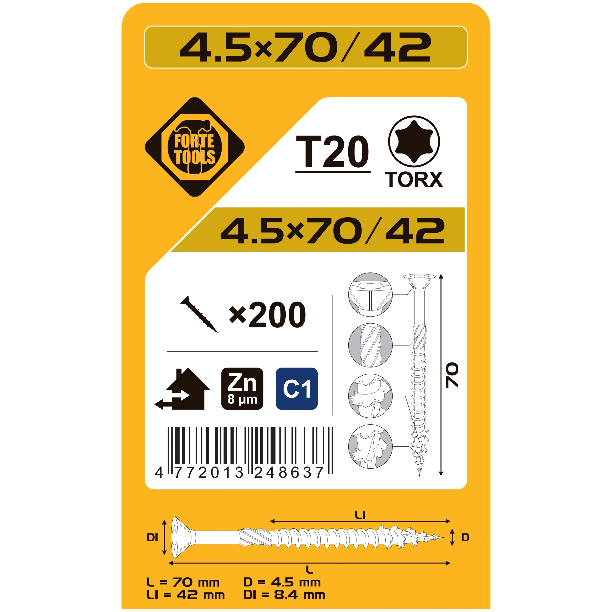 ДЕРЕВЯННЫЕ ВИНТЫ 4.5X70/42 MM ZN TX20 200ШТ