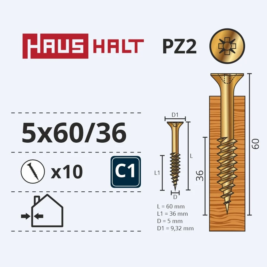 ВИНТ ДЛЯ ДРЕВЕСИНЫ 5.0X60/36 Y ZP10GAB G2