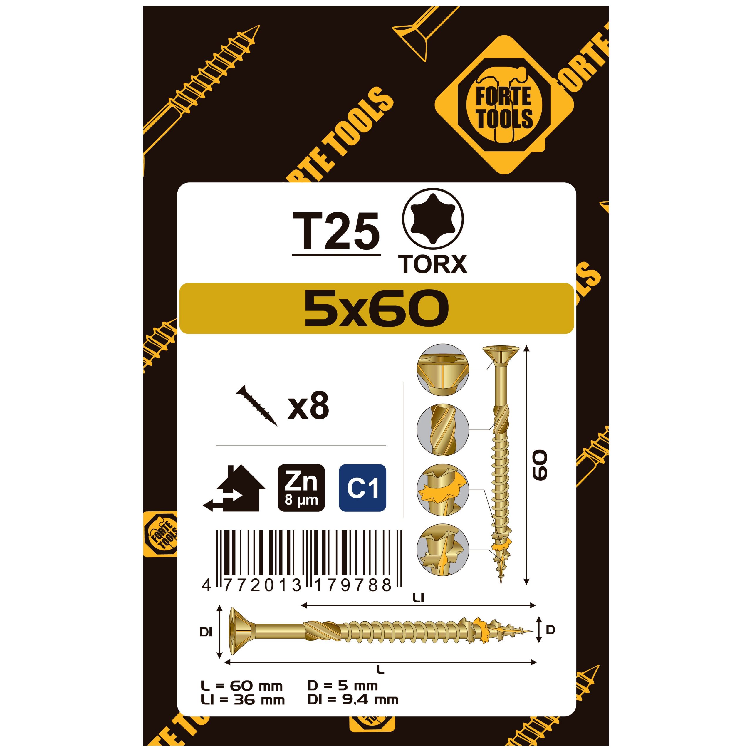 SCREW FOR WOOD SCR T25 5.0X60/36 YELL ZN8