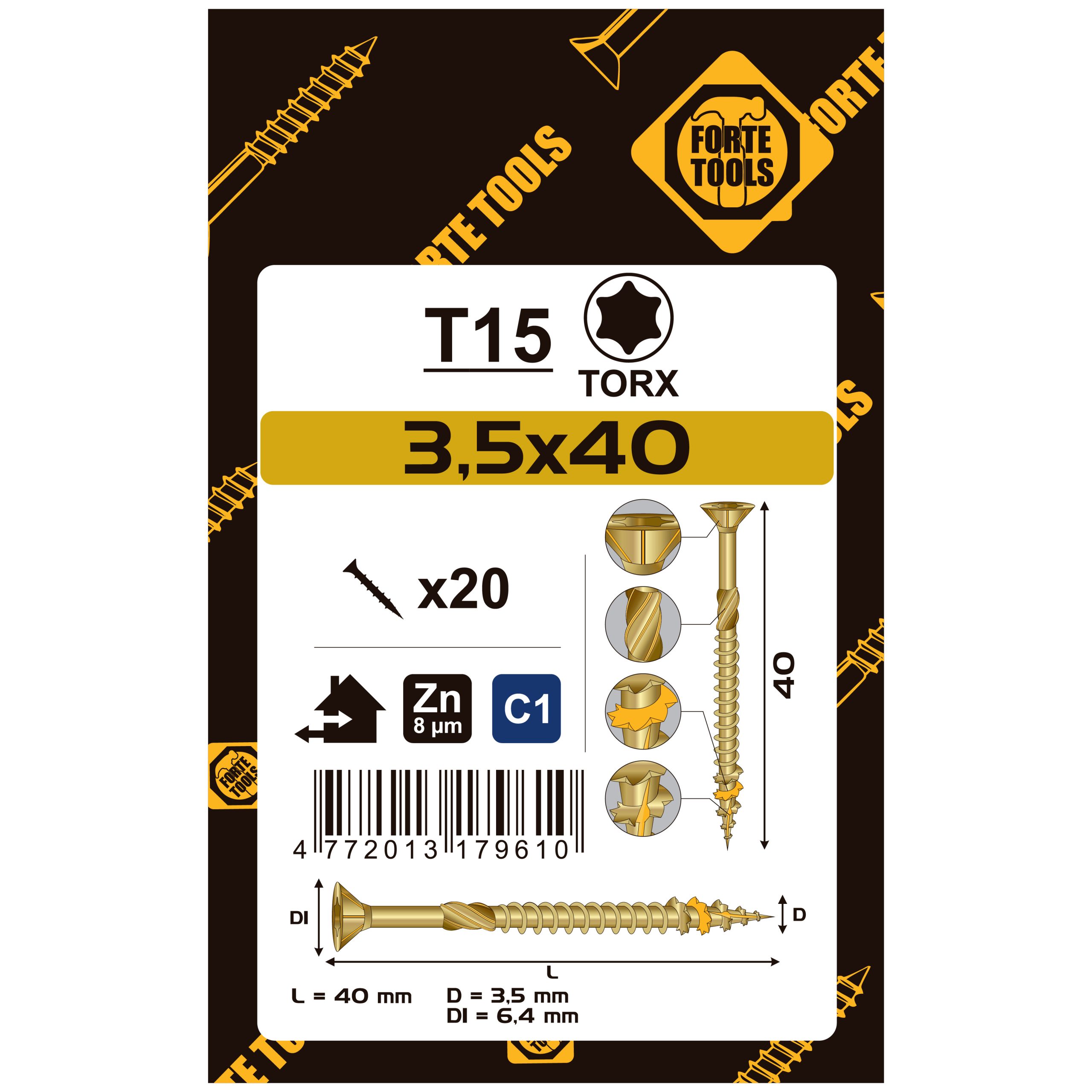 SKRŪVE KOKAM SCR T15 3.5X40 YELL ZN20PCS