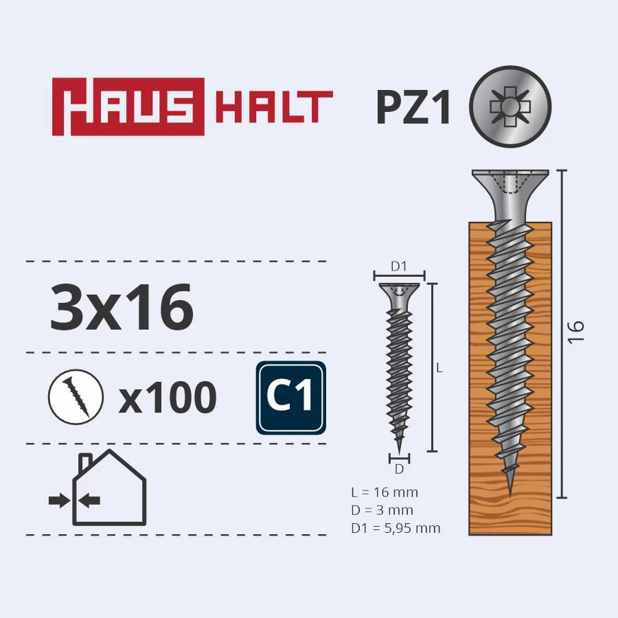 SCREW FOR WOOD 3.0X16 W ZP 100PCS G1