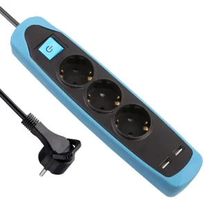 УДЛИНИТЕЛЬ 3P+2USB 2M ЧЕРНЫЙ/СИНИЙ