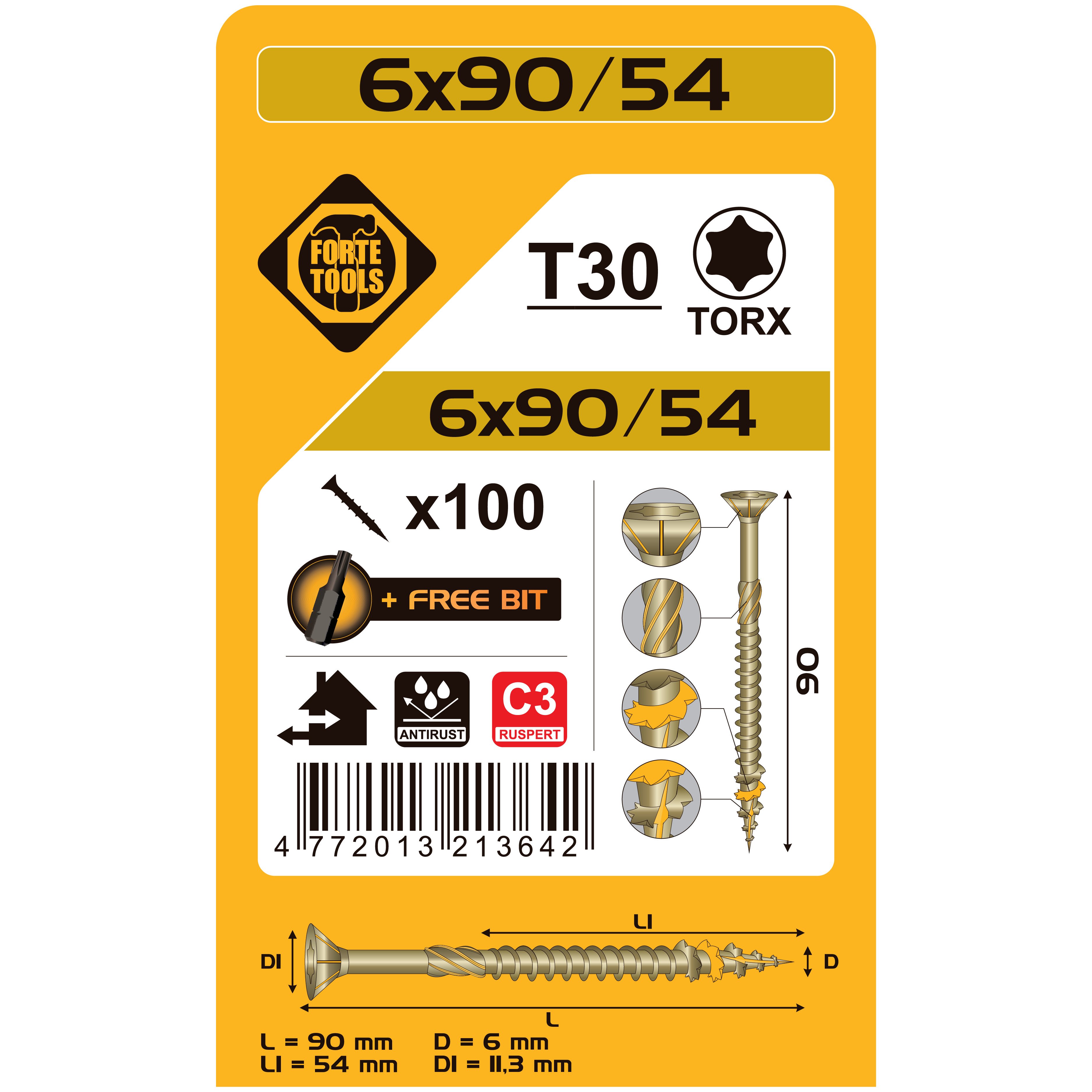 WOOD SCREWS 6X90/54MMRUSPERT TX30 100PCS.