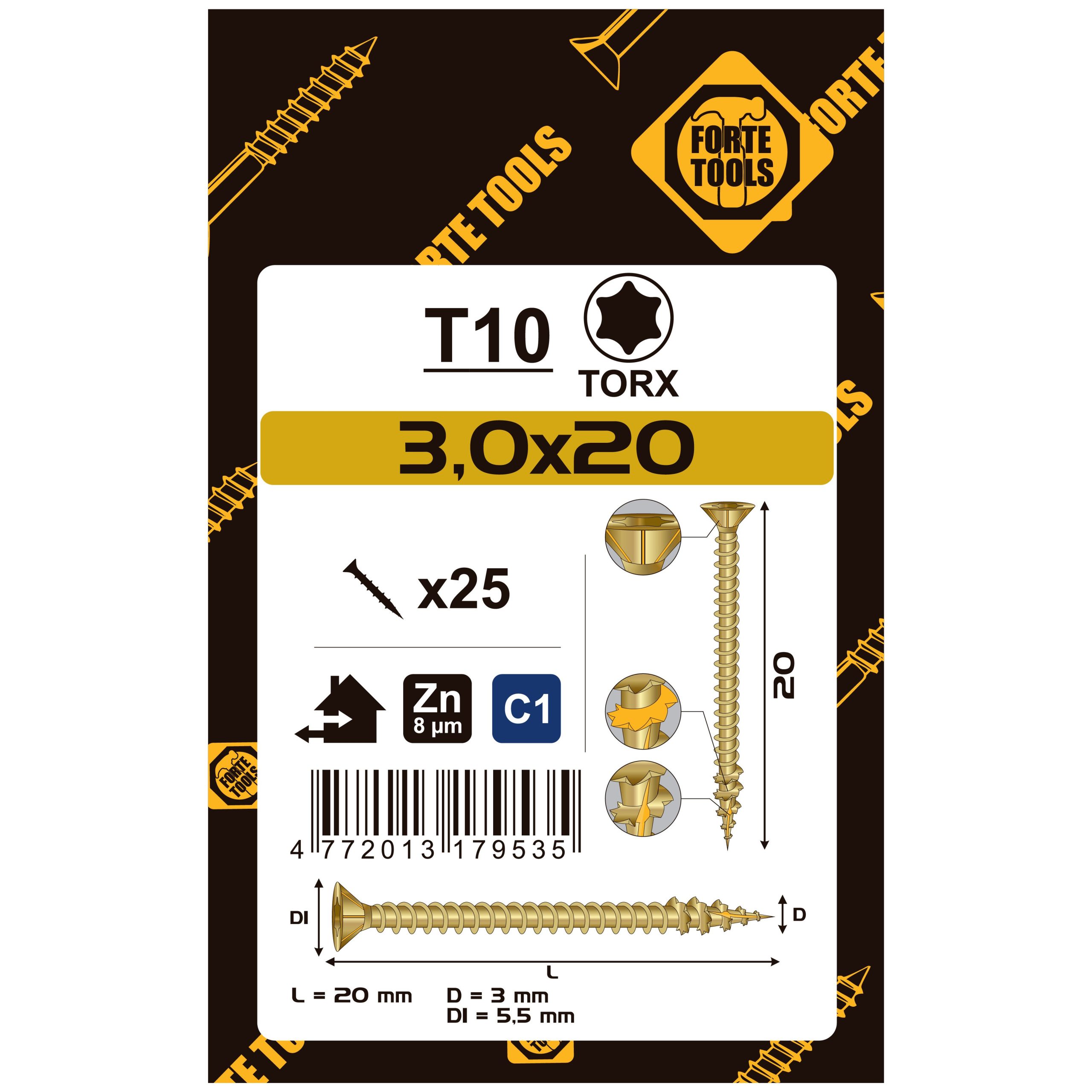 SKRŪVE KOKAM SCR T10 3.0X20 YELL ZN25PCS