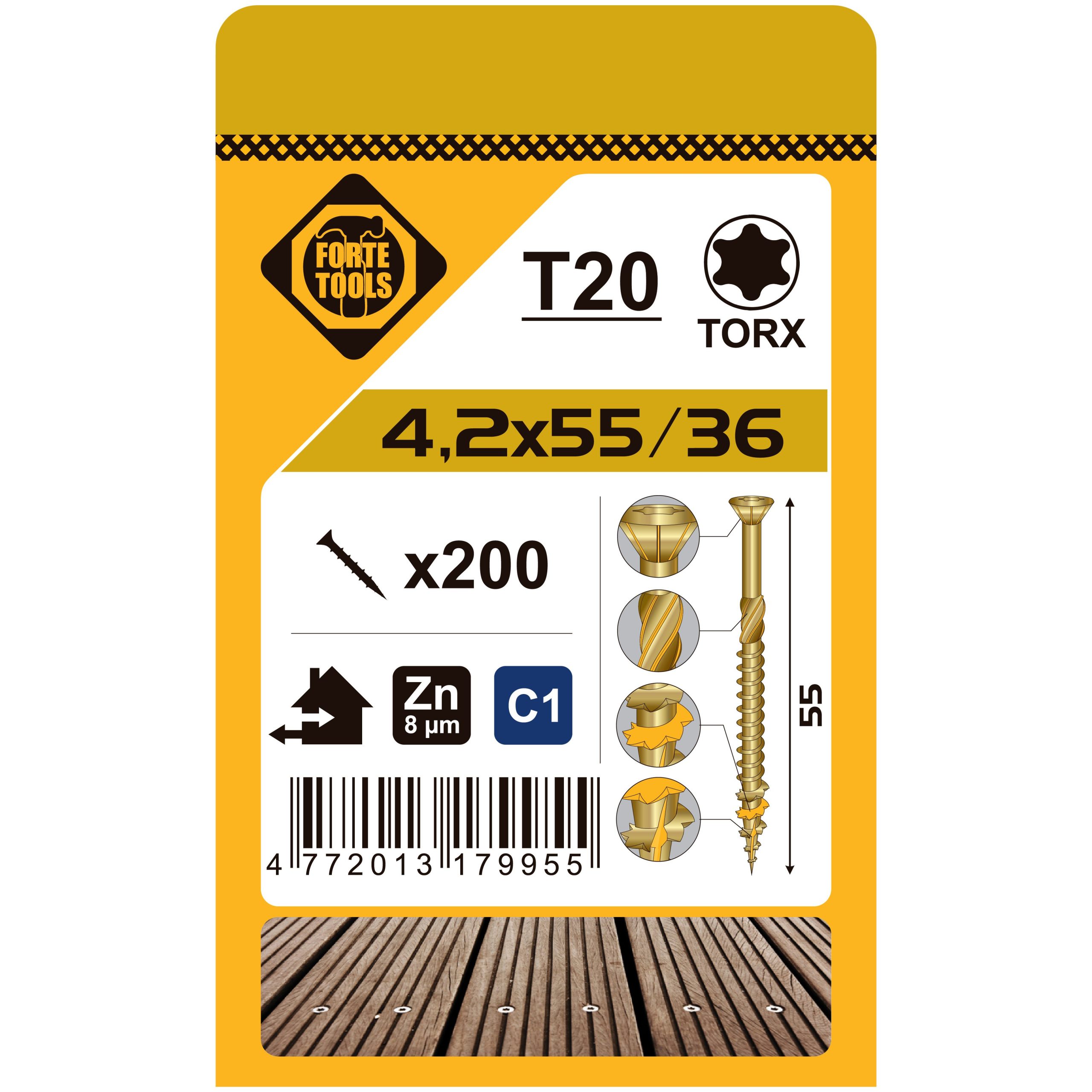 DECK SCREWS T20 4.2X55 YELL ZN 200