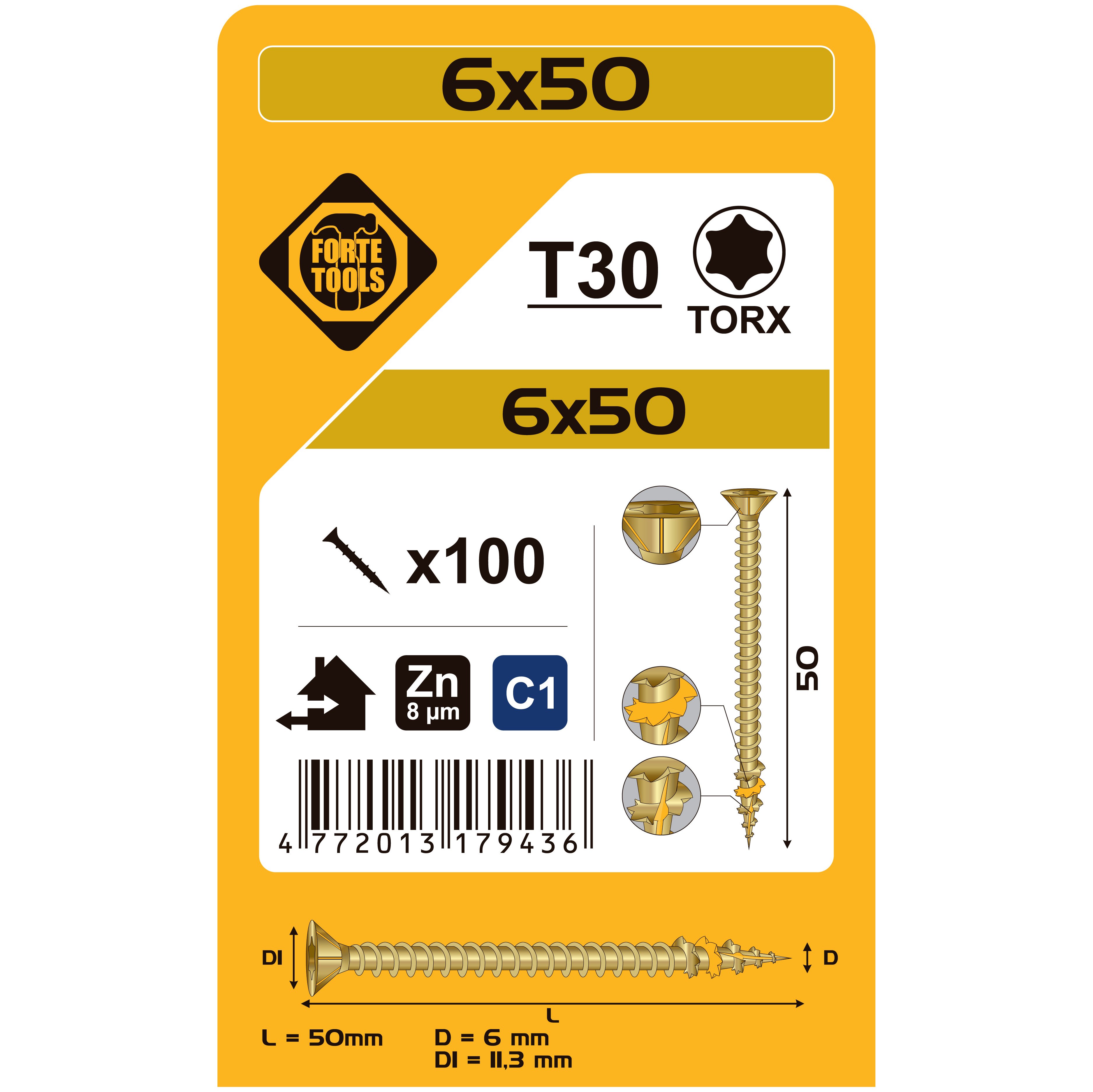 WOOD SCREW T30 6.0X50 STEEL ZN 100GB