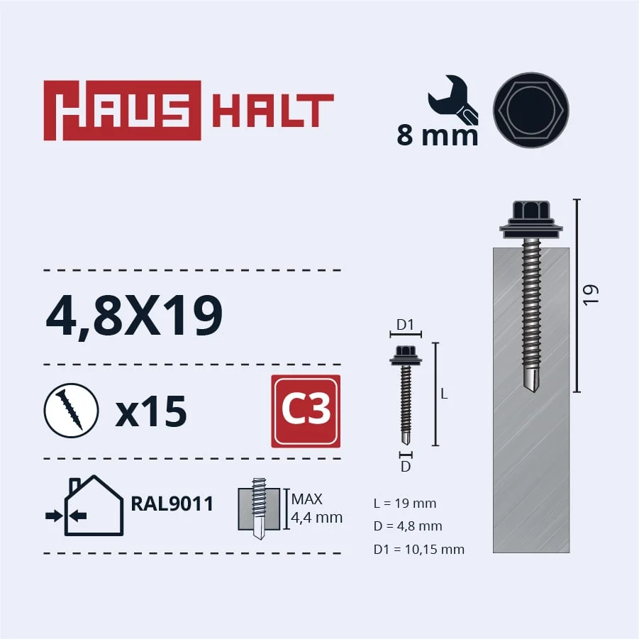 SCREW.SELF 4.8X19 MET+EPDM RAL9011 15PCS BL