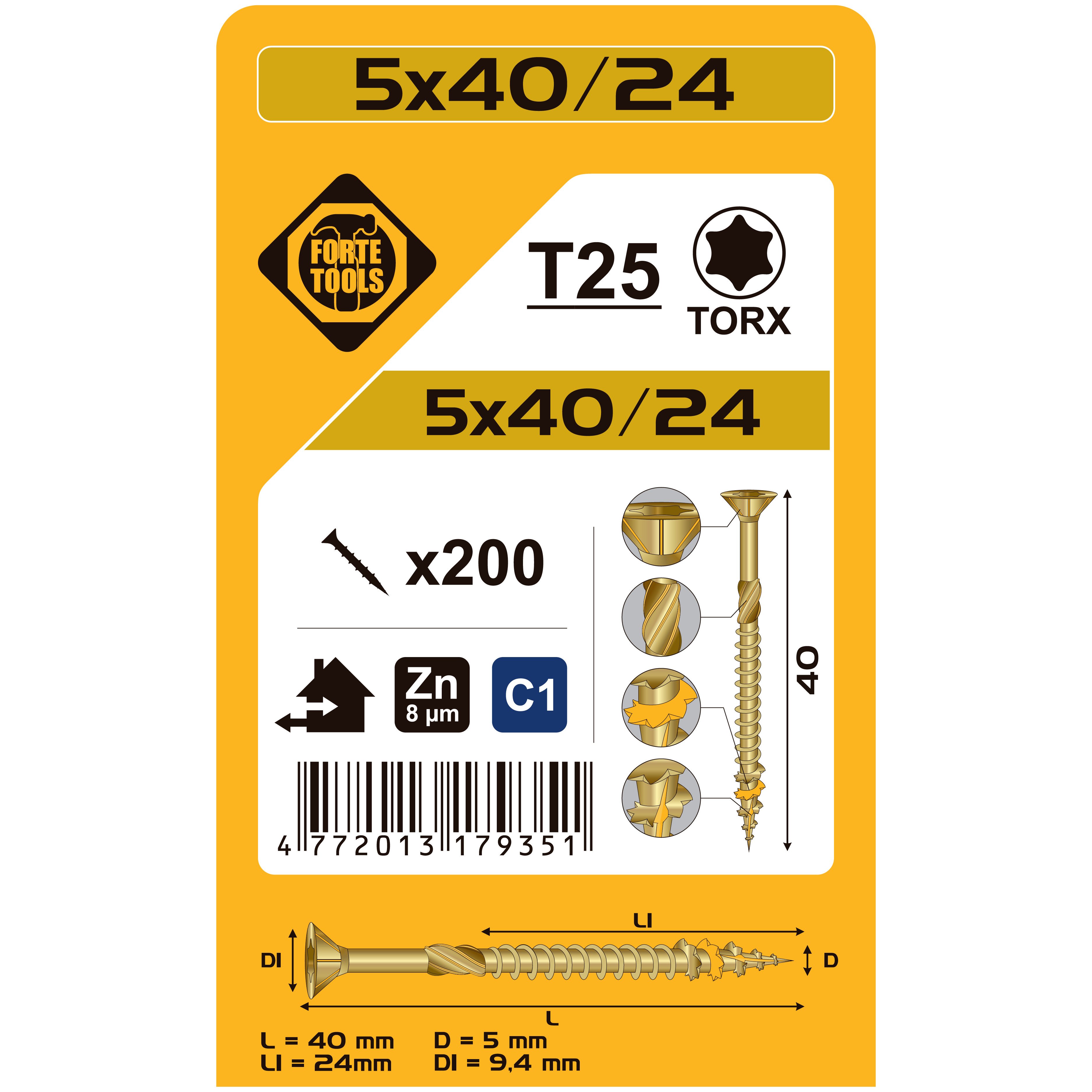 ДЕРЕВЯННЫЙ ВИНТ T25 5.0X40/24 ЖЕЛТЫЙ ЦИНК 200ШТ