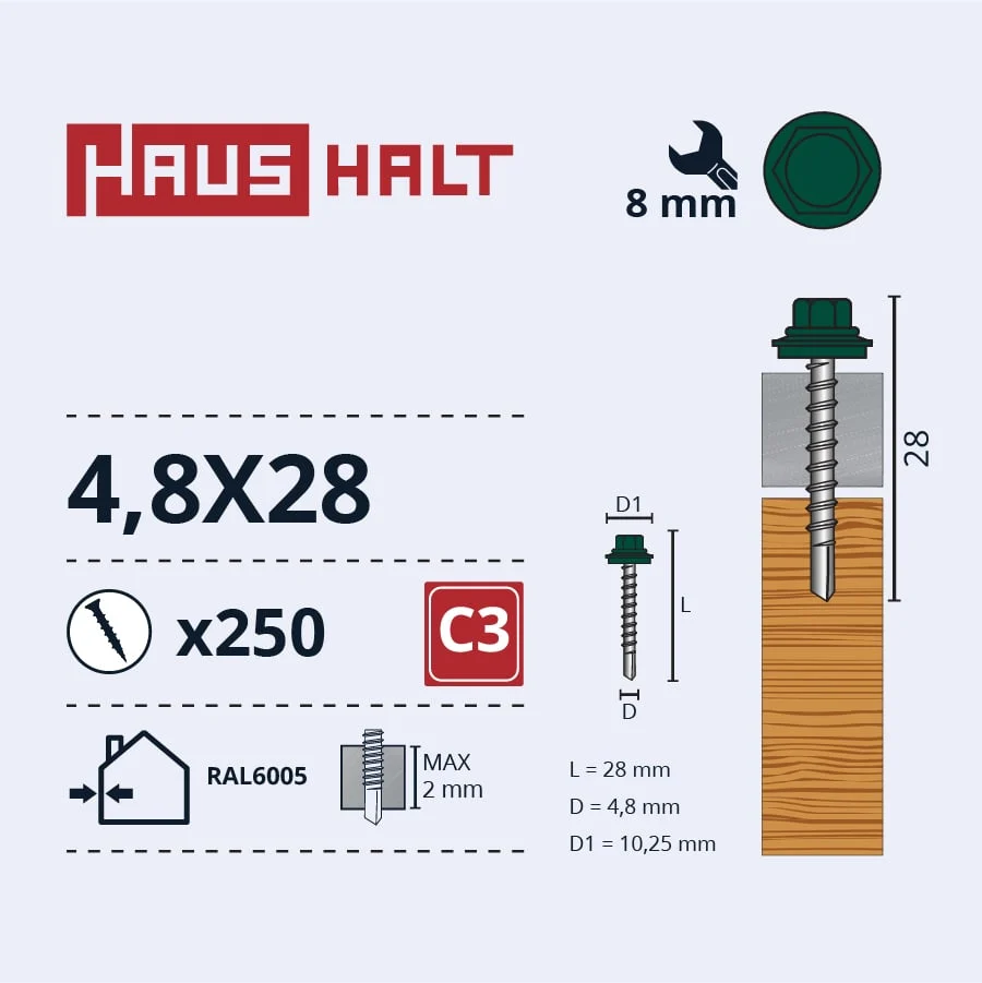 SCREW SELF-TAPPING 4.8X28 WOOD RAL6005(250)