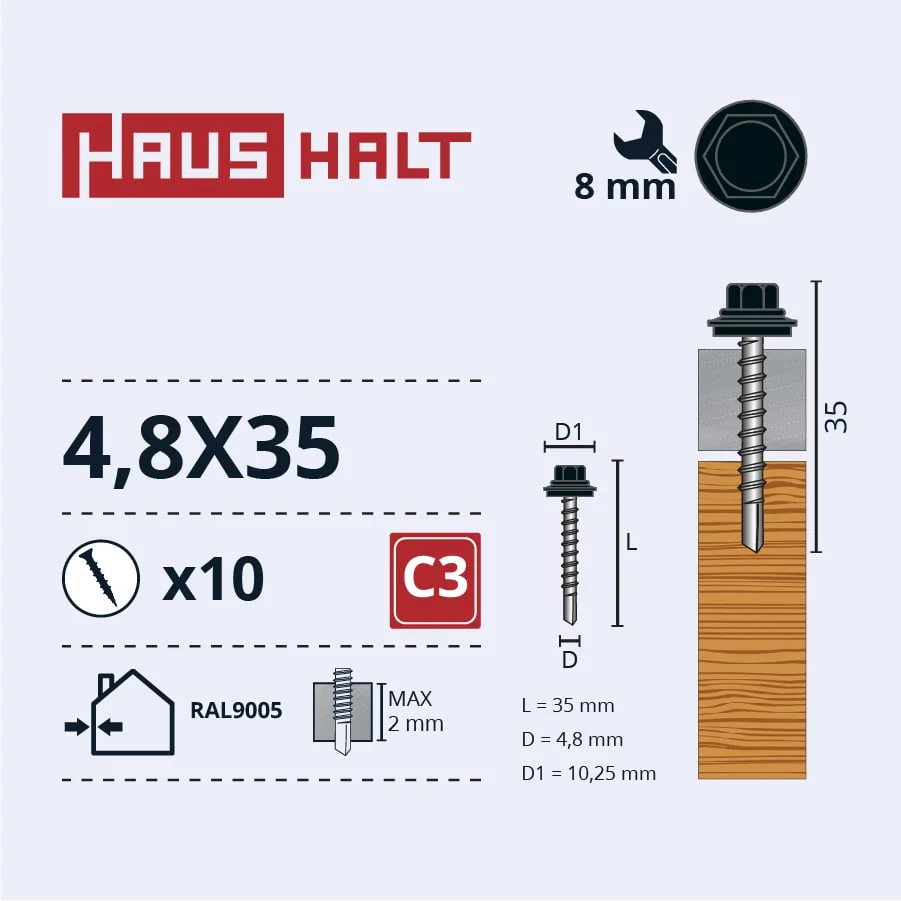 ВИНТ.Саморез 4,8X35 ДЕРЕВО+EPMD RAL9005 10ШТ БЛ