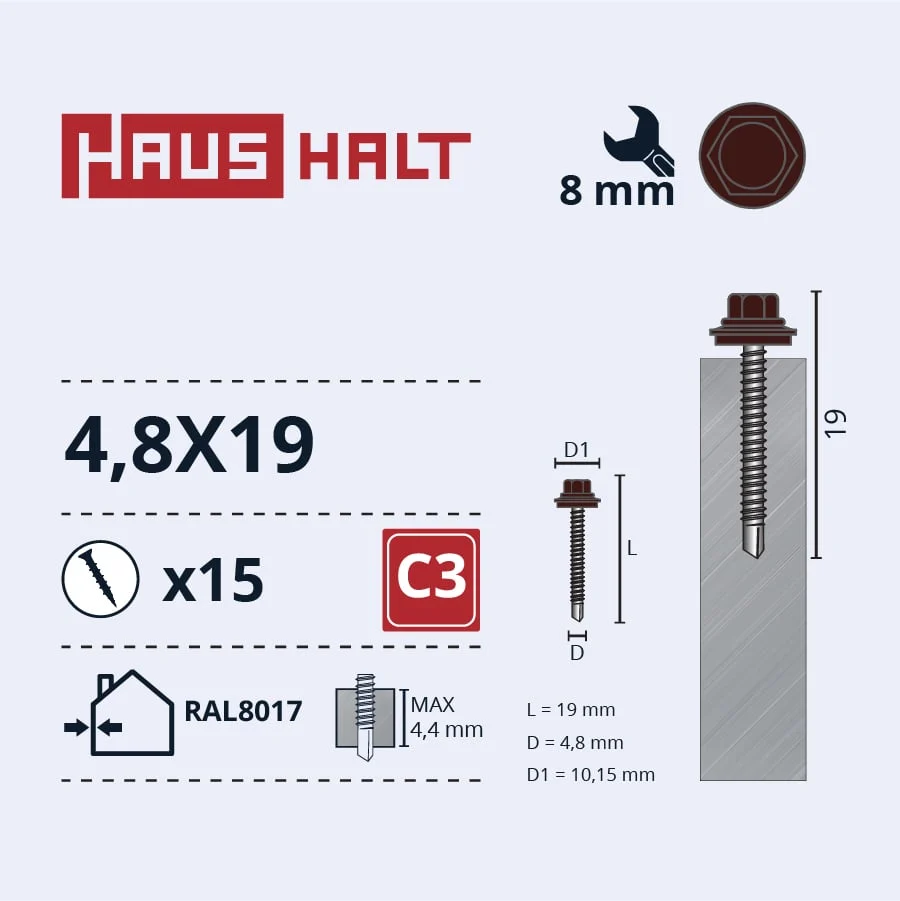 SCREW.SELF4.8X19 MET+EPDM RAL8017 15PCS BL
