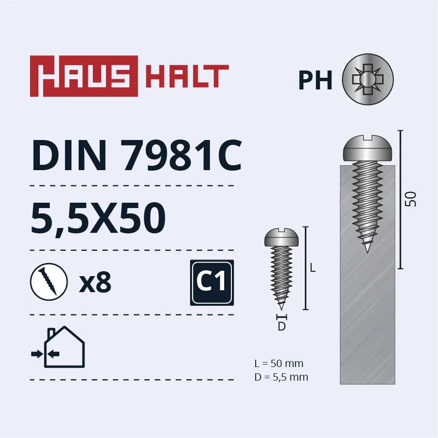 SCREW SELF-TAPPING 5.5X50 DIN7981C ZN 8PCS BL