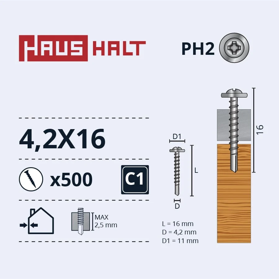 SELF-TAPPING SCREW 4.2X16 FOR WOOD (500)