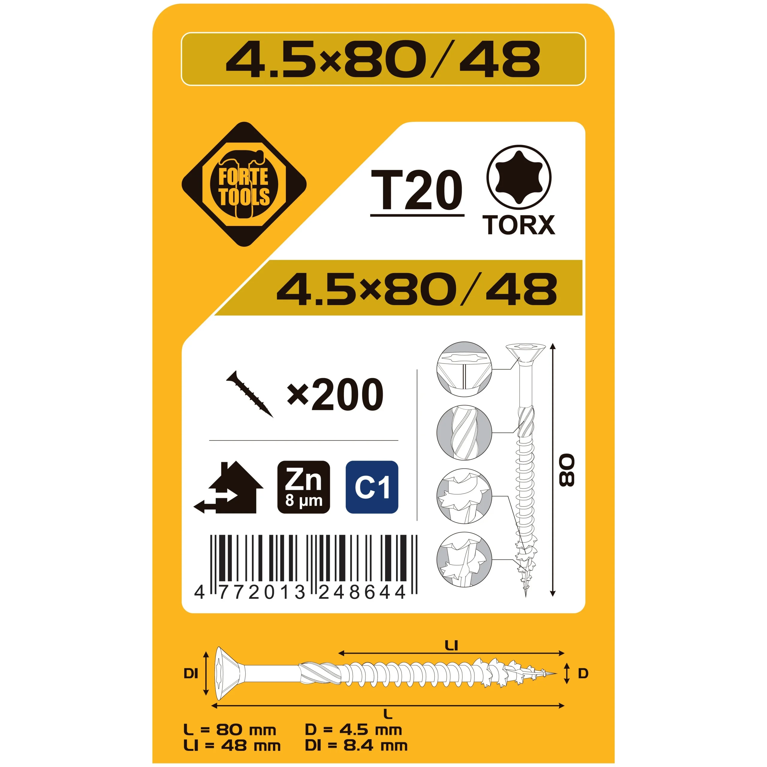 KOKA SKRŪVES 4.5X80/48 MM ZN TX20 200GAB