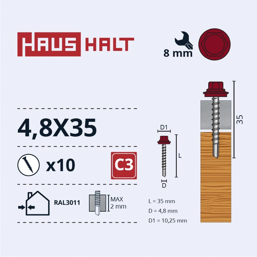 SCREW.SELF4.8X35WOOD+EPDM RAL3011 10GB BL