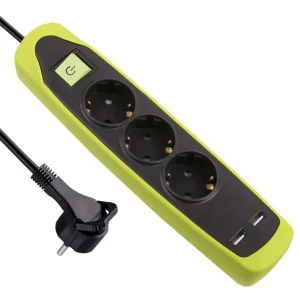 PAGARINĀTĀJS 3P+2USB 2M MELNA/ZAĻA