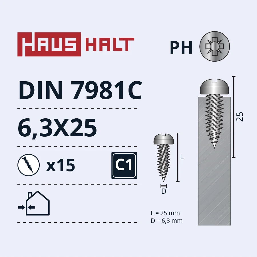 SCREW SELF-TAPPING 6.3X25 DIN7981C ZN 15PCS BL