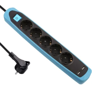 УДЛИНИТЕЛЬ 5P+2USB 2M ЧЕРНЫЙ/СИНИЙ