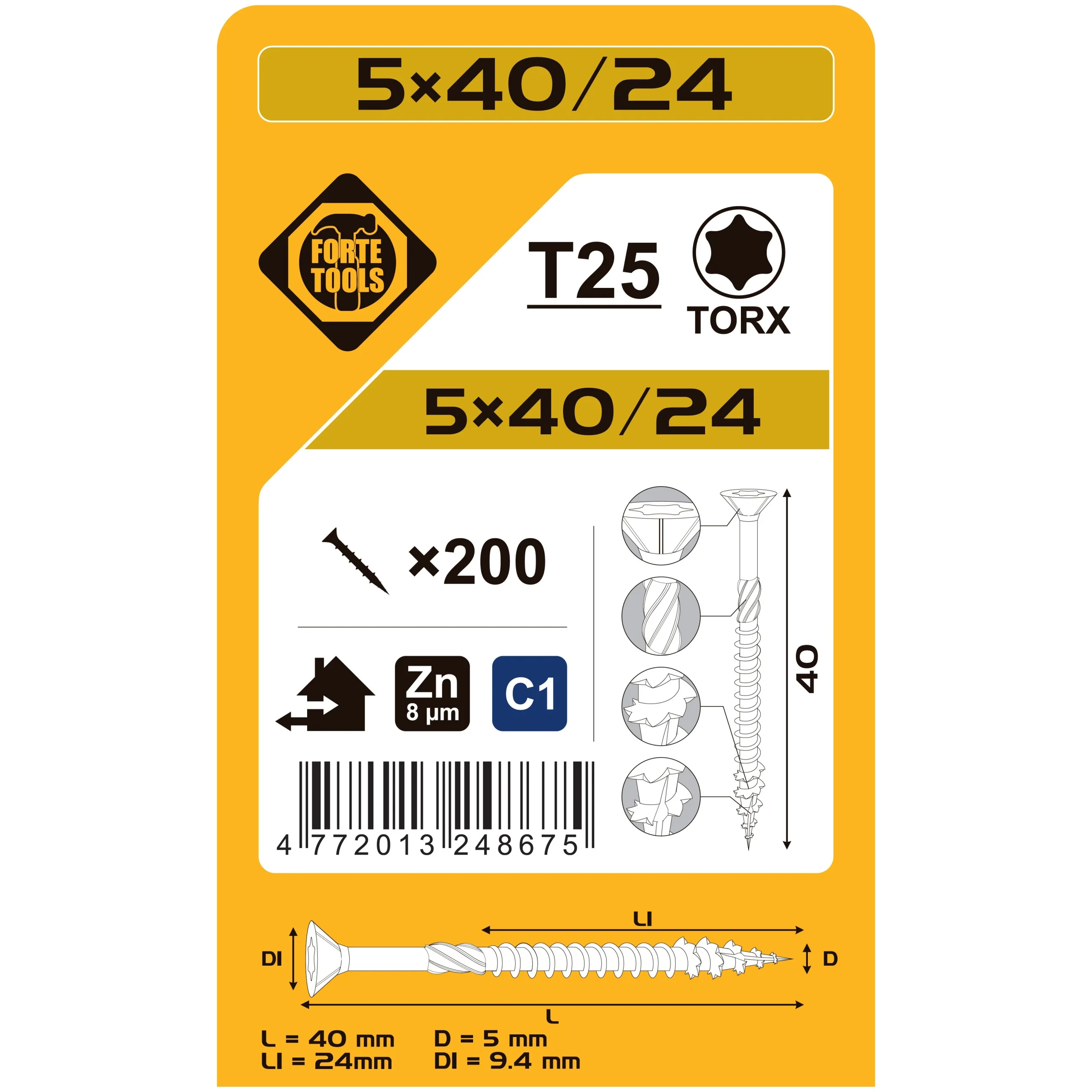 ДЕРЕВЯННЫЕ ВИНТОВЫЕ РАБОТЫ 5X40/24 ММ ZN TX25 200 ШТ.