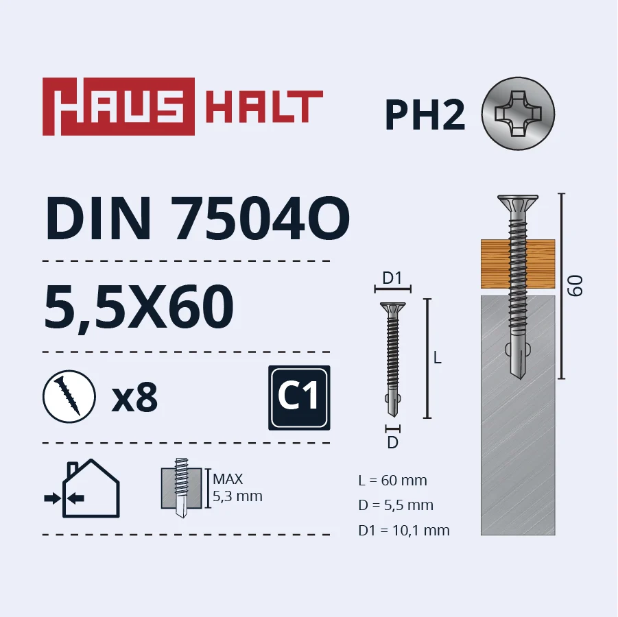 SCREW SELF 5.5X60 DIN7504O WOOD/MET 8PC PACK