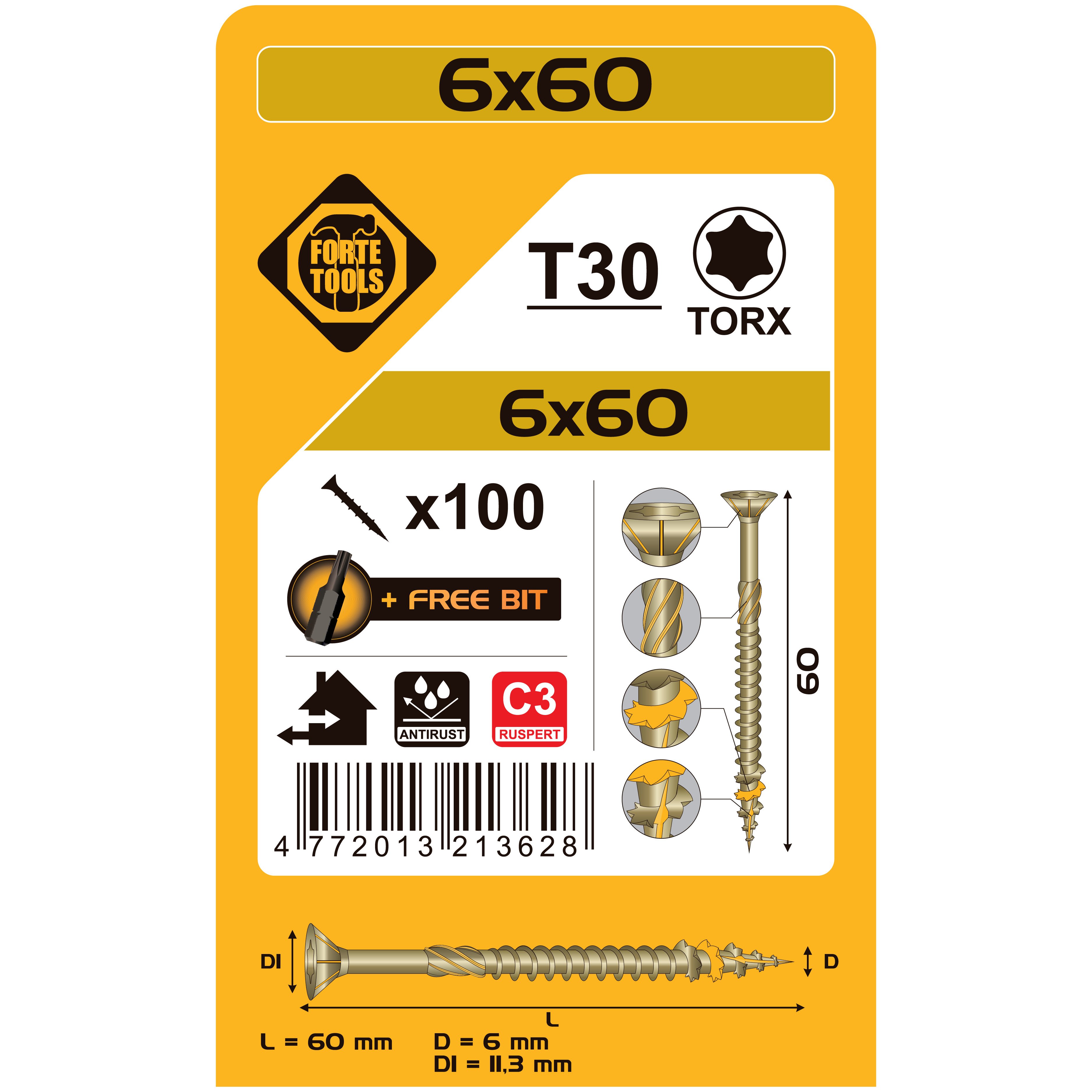 ДЕРЕВЯННЫЕ ВИНТЫ 6 X60 MM RUSPERT TX30 100ШТ.