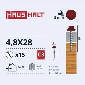 SKRŪV.PAŠ4,8X28KOKA+EPMD RAL3011 15GB BL