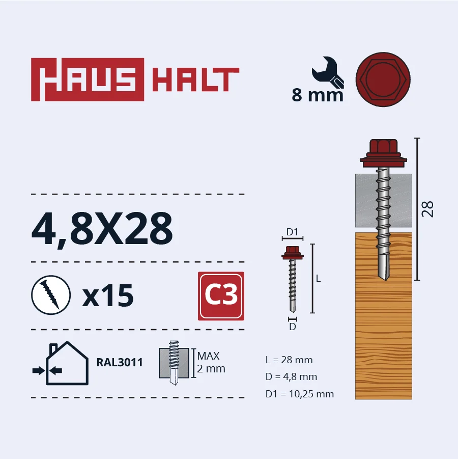 SKRŪV.PAŠ4,8X28KOKA+EPMD RAL3011 15GB BL