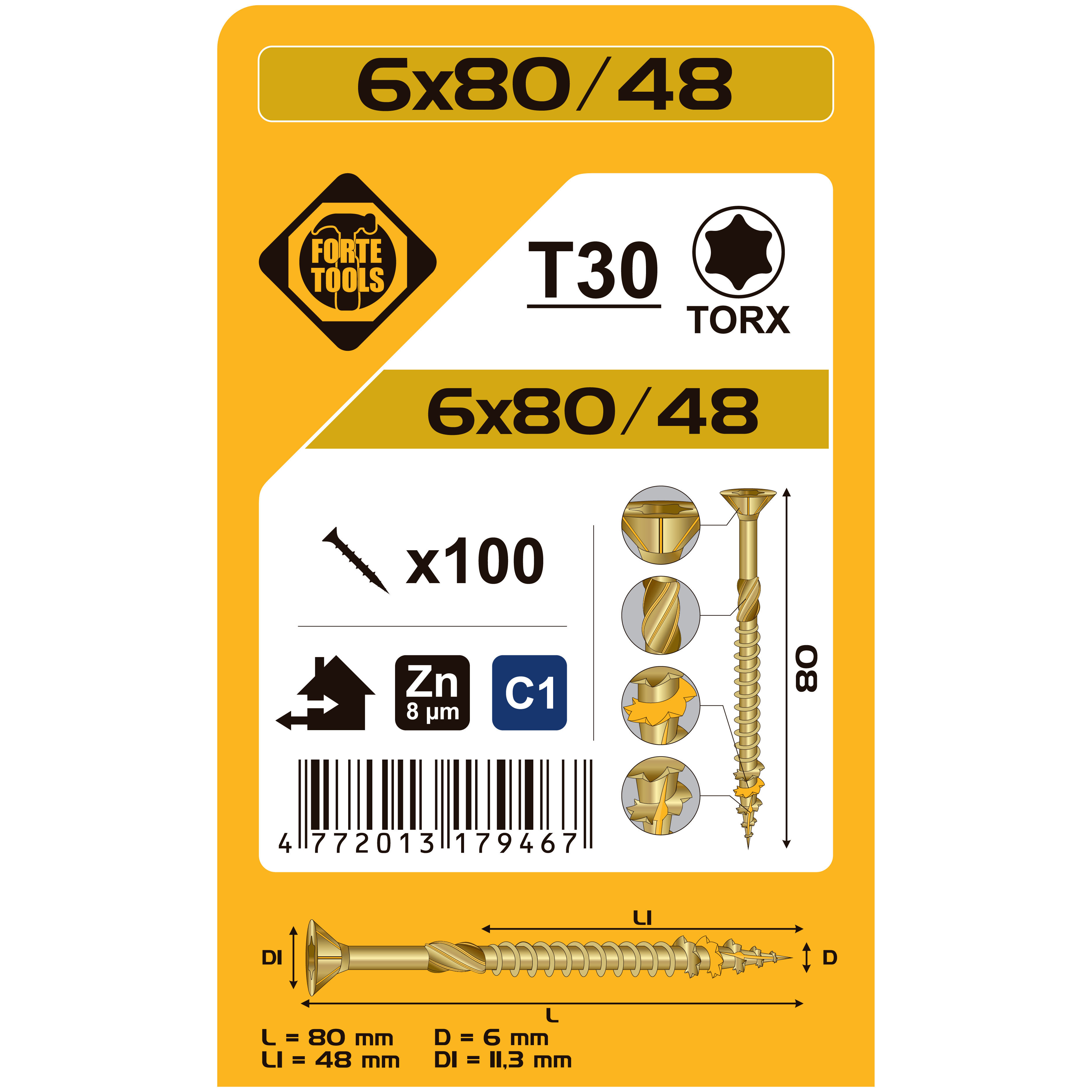 KOKA SKRŪVE T30 6.0X80/48 DZEL ZN 100GB